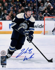 Zach Werenski Autographed Columbus Blue Jackets Puck Rush 8x10 Photo