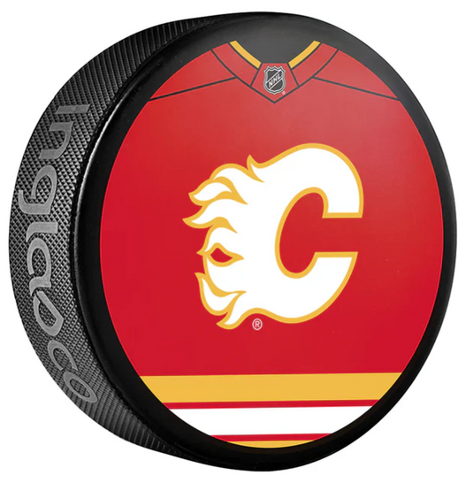 Pre-Order - Dustin Wolf Autographed Calgary Flames Jersey Design Hockey Puck