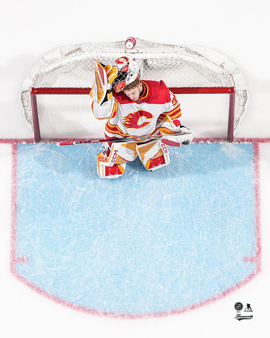 Pre-Order - Dustin Wolf Autographed Calgary Flames Away with Mask Off 8x10 Photo