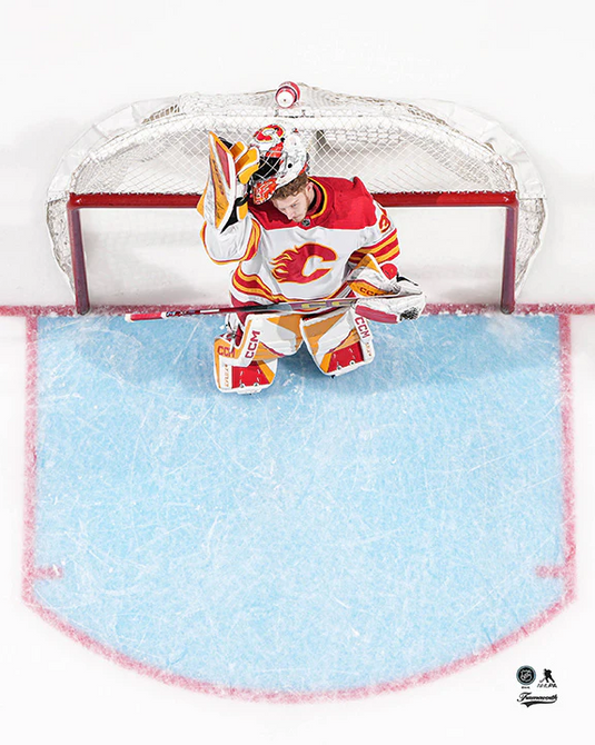 Pre-Order - Dustin Wolf Autographed Calgary Flames Away with Mask Off 8x10 Photo