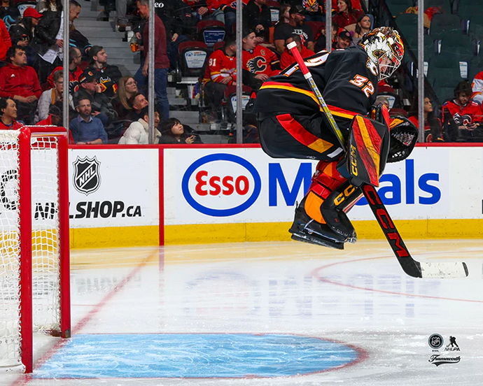 Pre-Order - Dustin Wolf Autographed Calgary Flames Alternate Jumping Horizontal 8x10 Photo