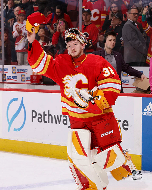 Pre-Order - Dustin Wolf Autographed Calgary Flames NHL Debut 8x10 Photo