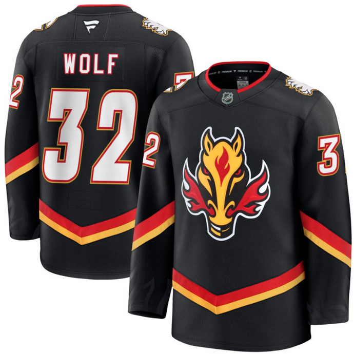 Pre-Order - Dustin Wolf Autographed Calgary Flames Alternate Fanatics Premium Jersey