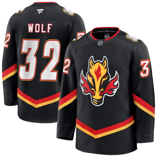 Pre-Order - Dustin Wolf Autographed Calgary Flames Alternate Fanatics Premium Jersey