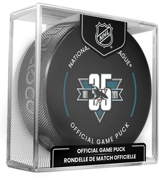 NHL San Jose Sharks Officially Licensed 35th Anniversary Team Game Hockey Puck Design- In Cube