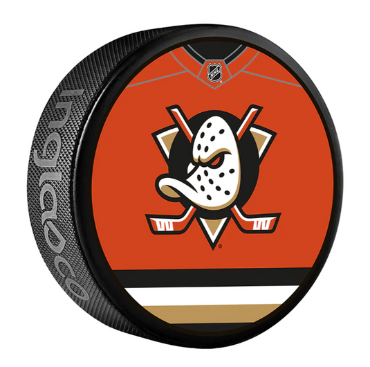 Pre-Order - Pavel Mintyukov Autographed Anaheim Ducks Jersey Design Hockey Puck