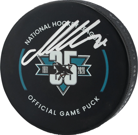 Macklin Celebrini Official San Jose Sharks 35th Anniversary Autographed Hockey Puck