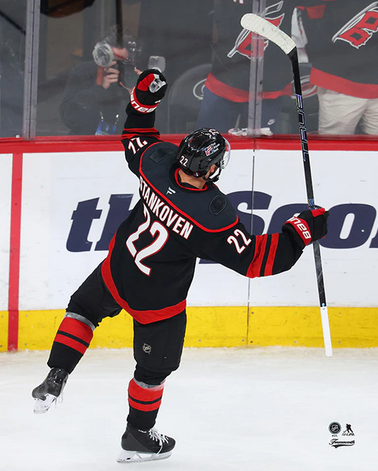 Pre-Order - Logan Stankoven Autographed Carolina Hurricanes Home 8x10 Photo (Goal Celebration)