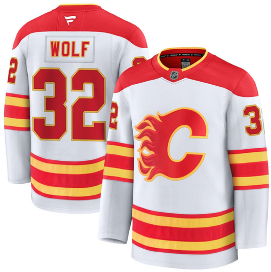 Pre-Order - Dustin Wolf Autographed Calgary Flames Away Fanatics Premium Jersey