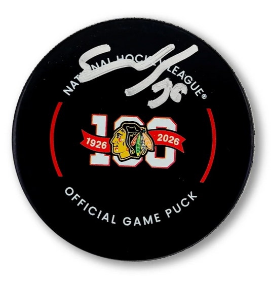 Spencer Knight Autographed Chicago Blackhawks 100th Anniversary Hockey Puck