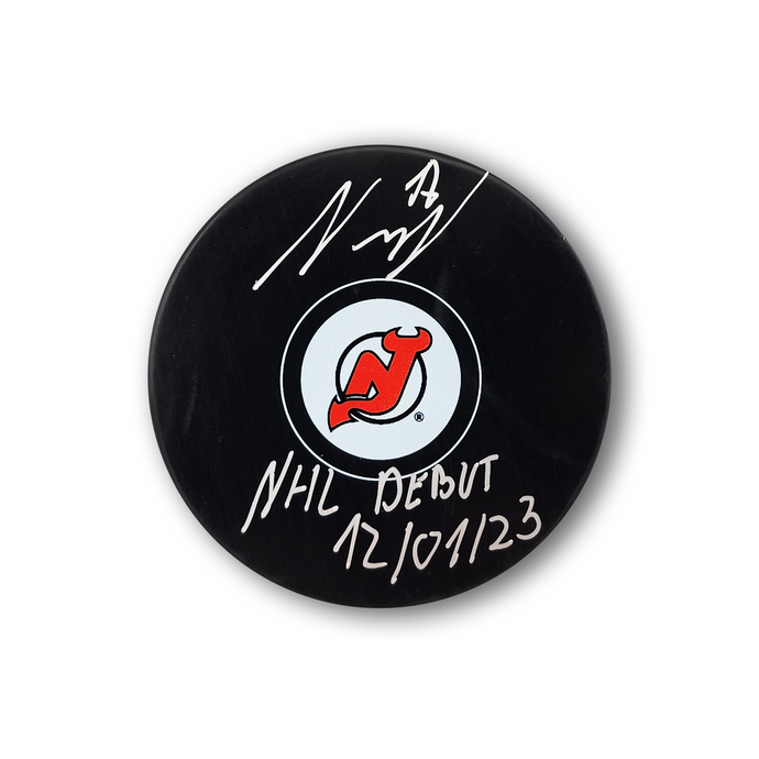 Simon Nemec Autographed New Jersey Devils Hockey Puck Inscribed NHL Debut