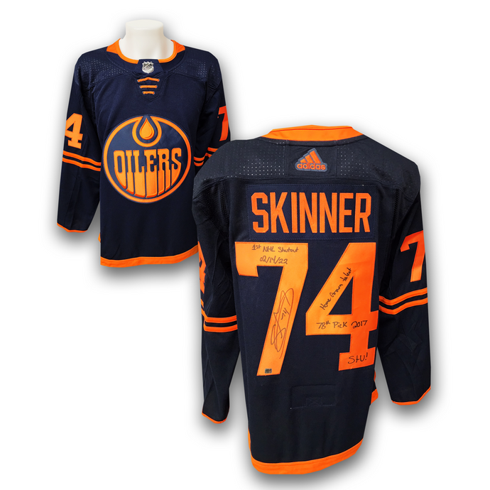 Stuart Skinner Autographed Edmonton Oilers Alternate Adidas Jersey 4x Inscribed