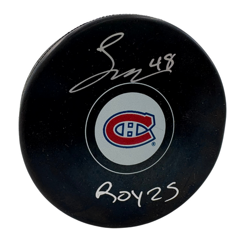 Lane Hutson Autographed Montreal Canadiens Hockey Puck w/ ROY 2025 Inscription