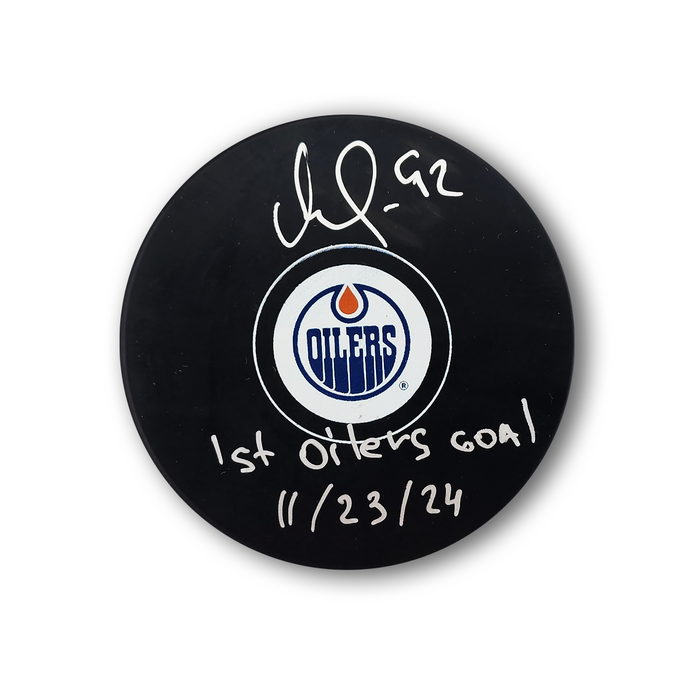 Vasily Podkolzin Autographed Edmonton Oilers Hockey Puck Inscribed 1st Oilers Goal