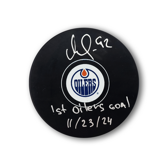 Vasily Podkolzin Autographed Edmonton Oilers Hockey Puck Inscribed 1st Oilers Goal